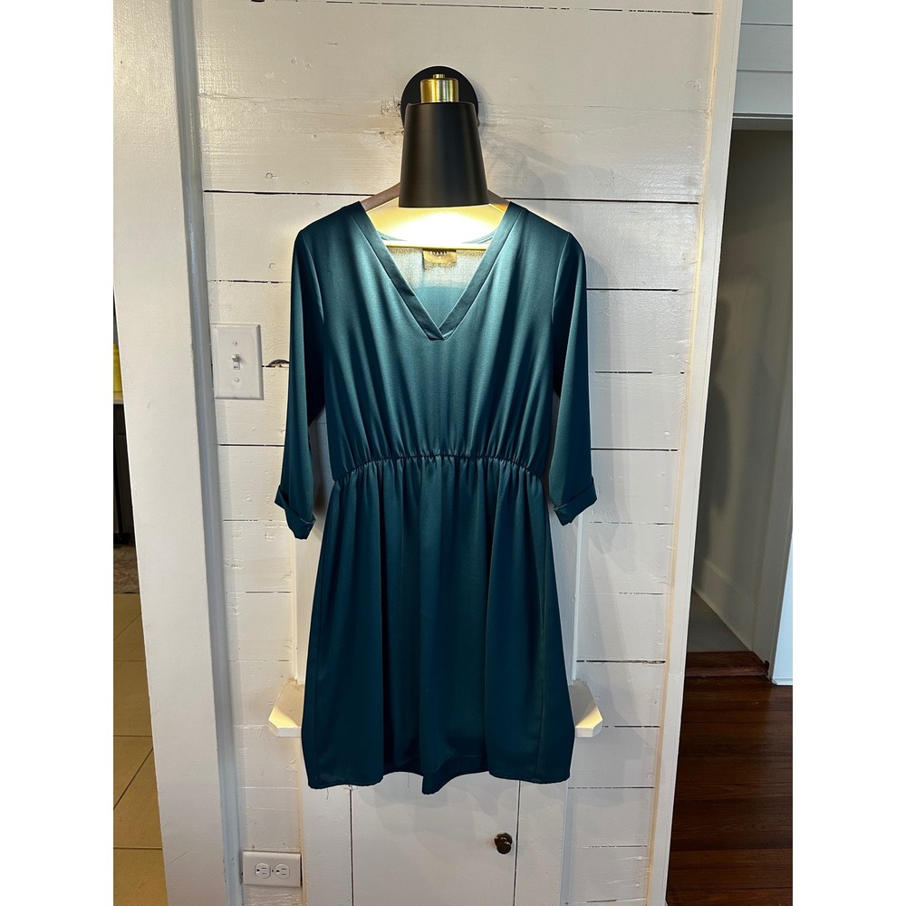 Everly Womens Teal V-Neck 3/4 Sleeve Elastic Waist Fit Flare Dress DR6378 Small